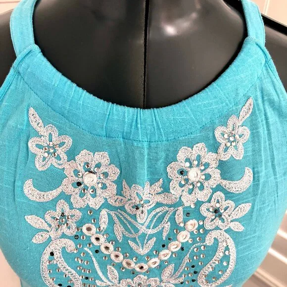 INC International Concepts Embroidered Sleeveless Turquoise Top, Small - Picture 3 of 9